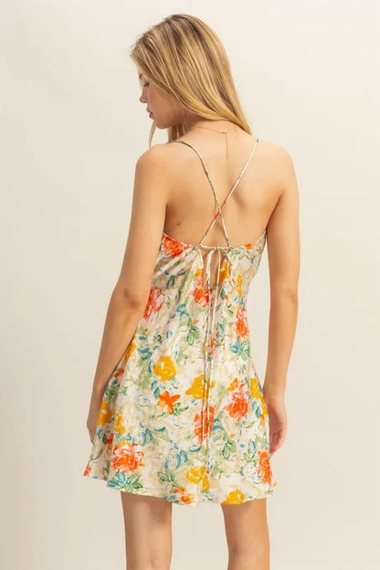 Floral Cowl Neck Flirty Satin Mini Dress - Apple Green - product view 5