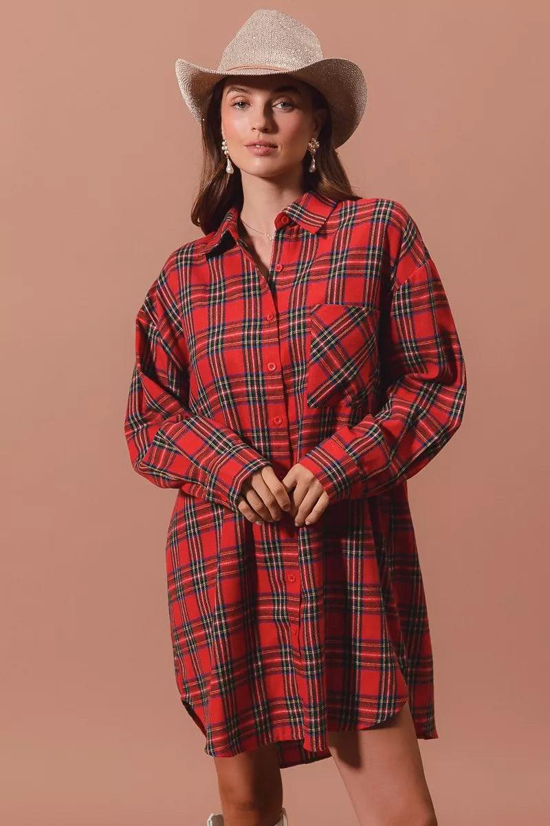 Christmas Checker Plaid Button Up Shirt Dress in Red Multi - product view 8