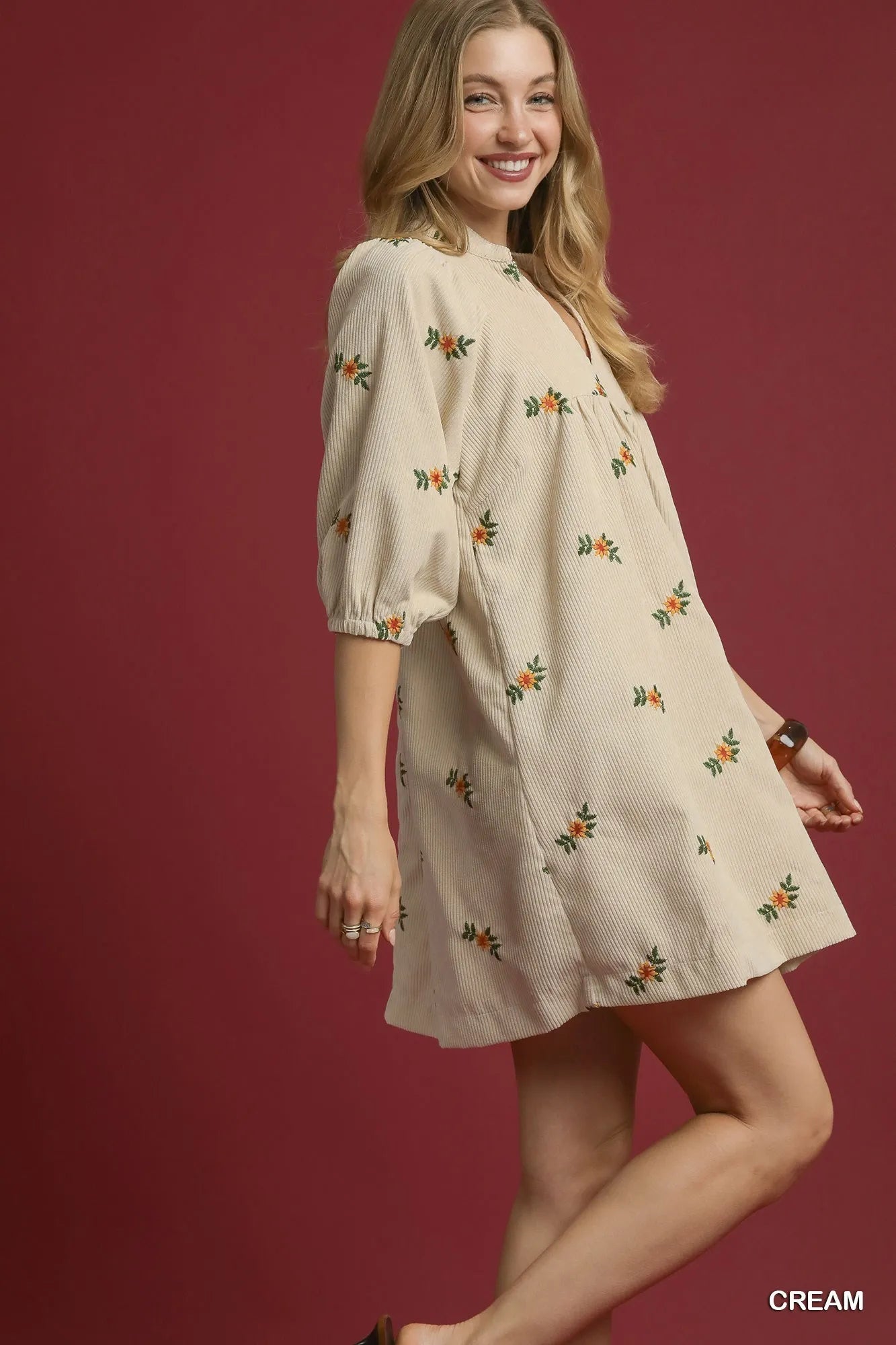 Corduroy Babydoll Dress with Floral Embroidery - Cream - product view 3