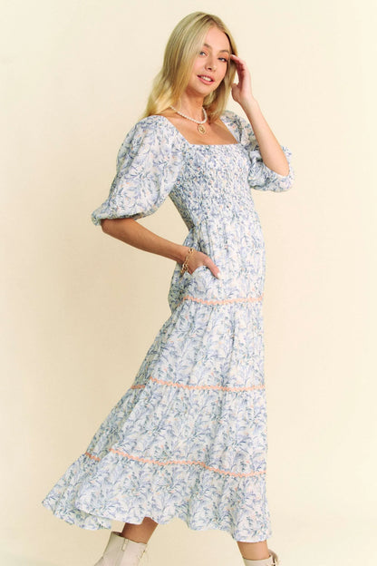 Contrast Ric Smocking Bodice Tiered Midi Dress in Blue - product view 4