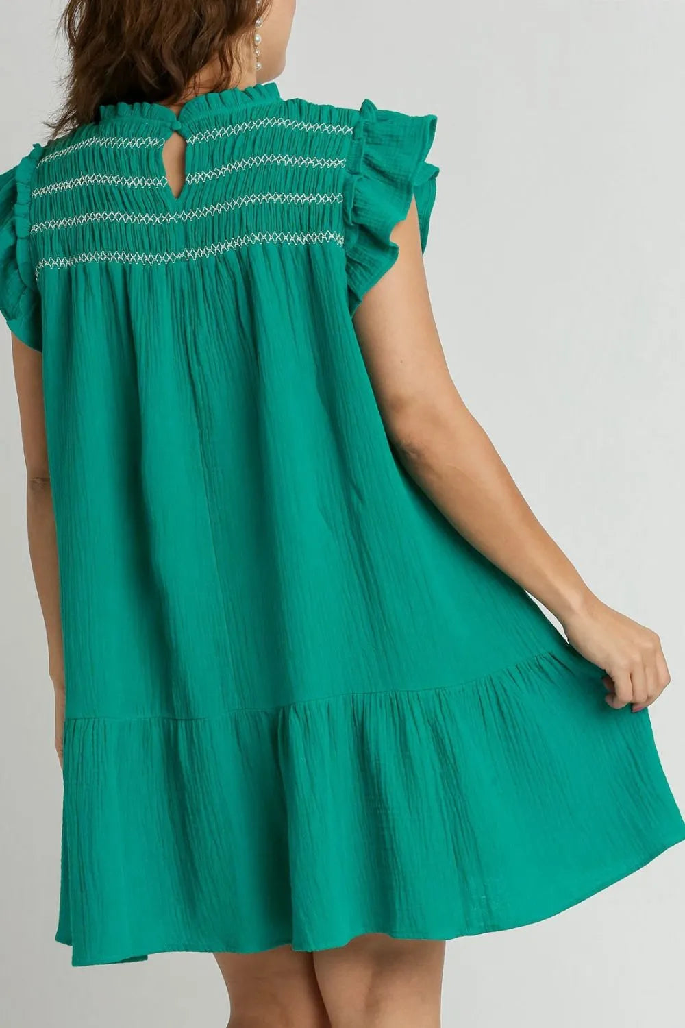 Full Size Smocked Contrast Stitching Ruffle Cap Sleeve Round Neck Dress Plus Size in Jade Green - product view 5