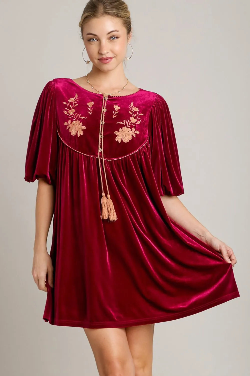 Embroidered Half Sleeve Velvet Mini Dress with Tassel in Burgundy - product view 1