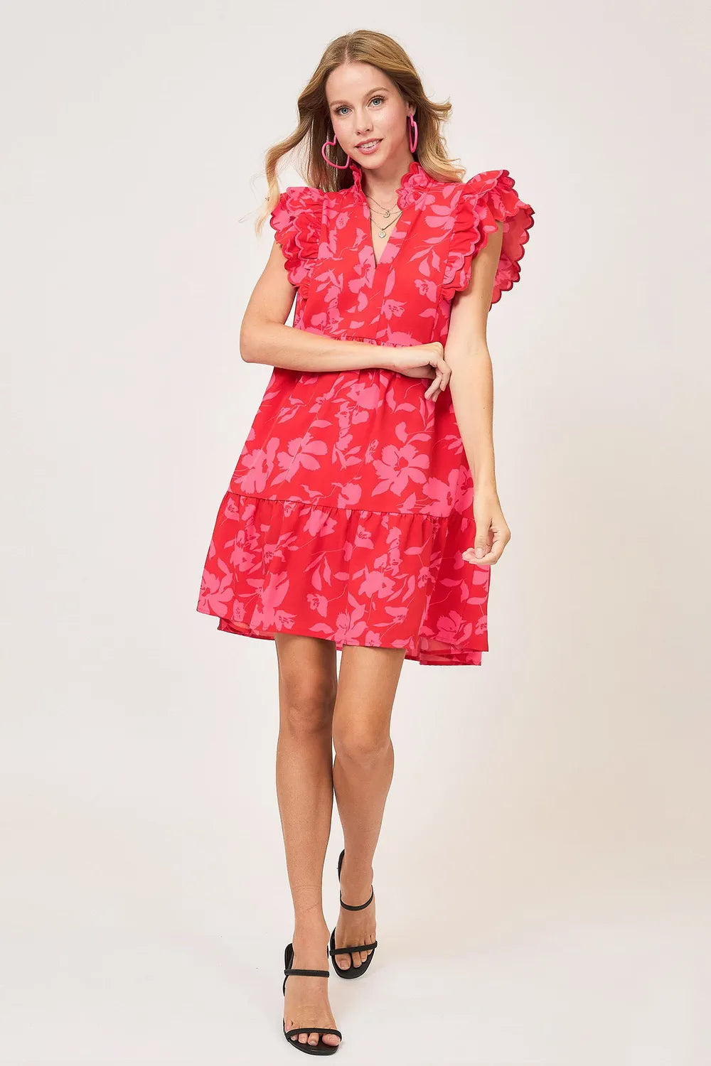 Full Size Two Tone Floral Print Ruffle Cap Sleeve Mini Dress Plus Size in Red - product view 3
