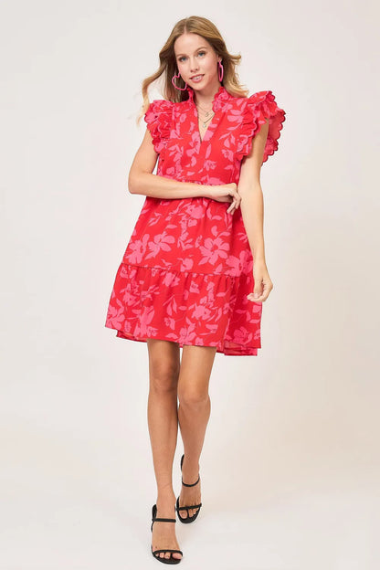 Full Size Two Tone Floral Print Ruffle Cap Sleeve Mini Dress Plus Size in Red - product view 3