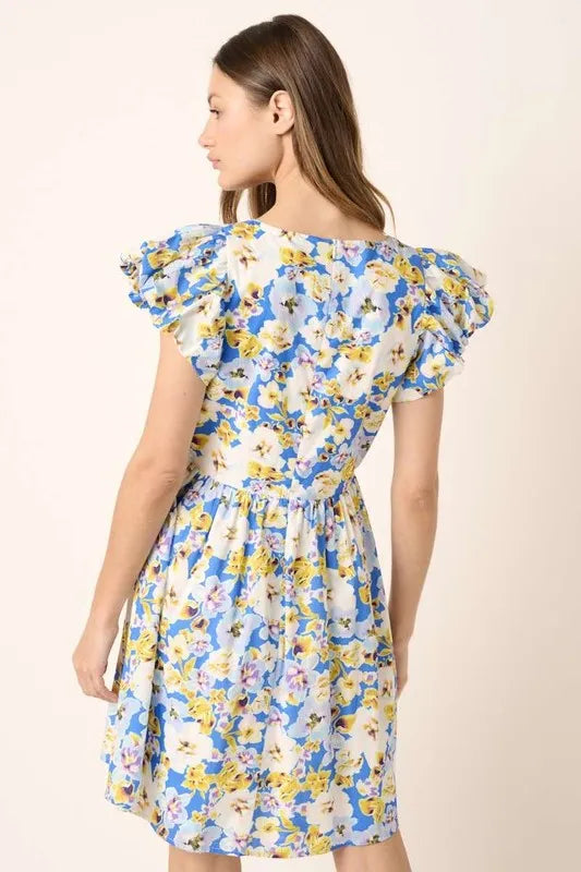 Floral V-Neck Cap Sleeve Mini Dress in Blue - product view 2