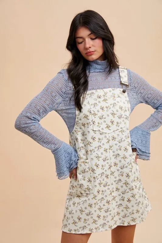 Stretch Ditsy Print Denim Overall Mini Dress in Ivory - product view 4