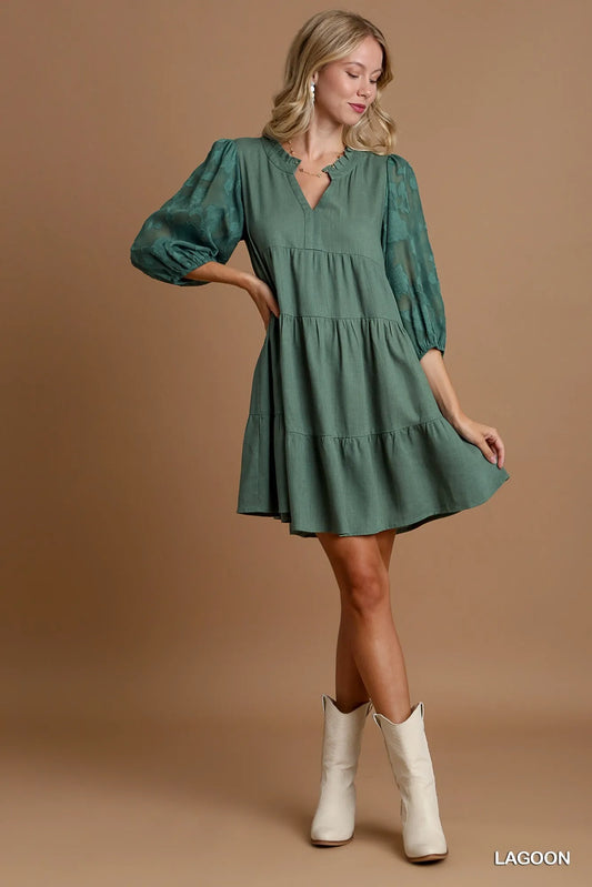 Floral Contrast Sleeve Tiered Dress in Lagoon - product view 2