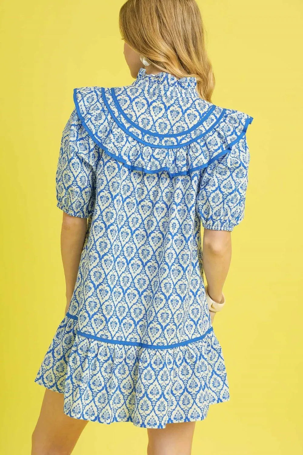 Ruffled Printed Puff Sleeve Mini Dress - Blue - product view 3