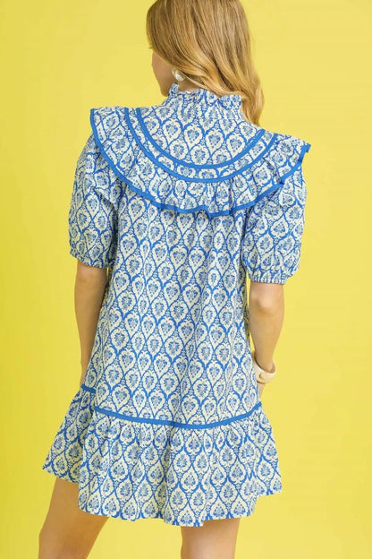Ruffled Printed Puff Sleeve Mini Dress - Blue - product view 3