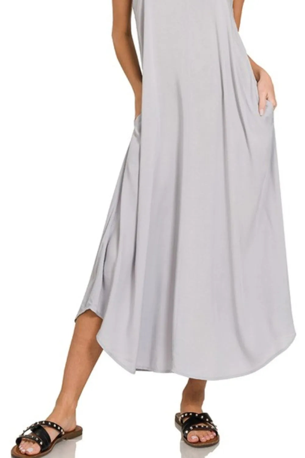 Woven Arc Hem Cami Dress With Flowy Pockets - Lt Grey - product view 3