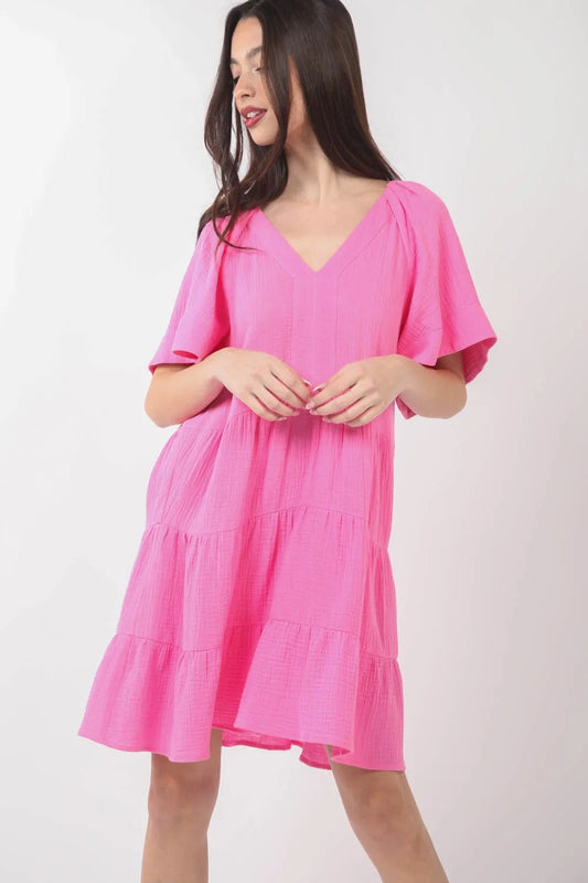 Texture V-Neck Ruffled Tiered Dress - Pink - product view 1