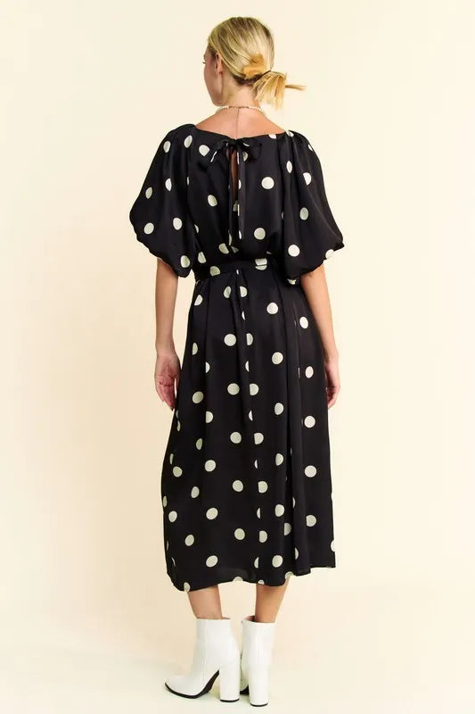 Polka Dot Puff Sleeves Waist Tie Midi Dress in Black - product view 8