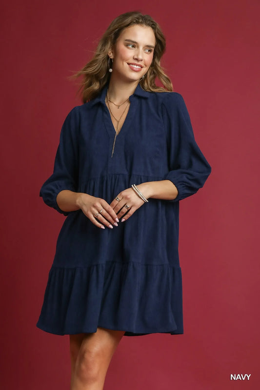 Tiered Corduroy Mini Dress with Balloon Sleeves - Navy - product view 1