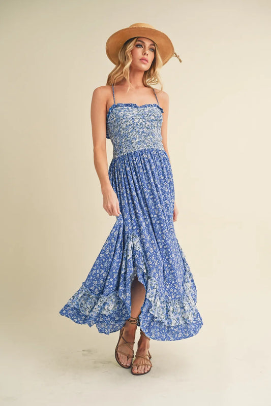 Ditsy Floral Ruffled Hem Maxi Cami Dress in Blue - product view 1
