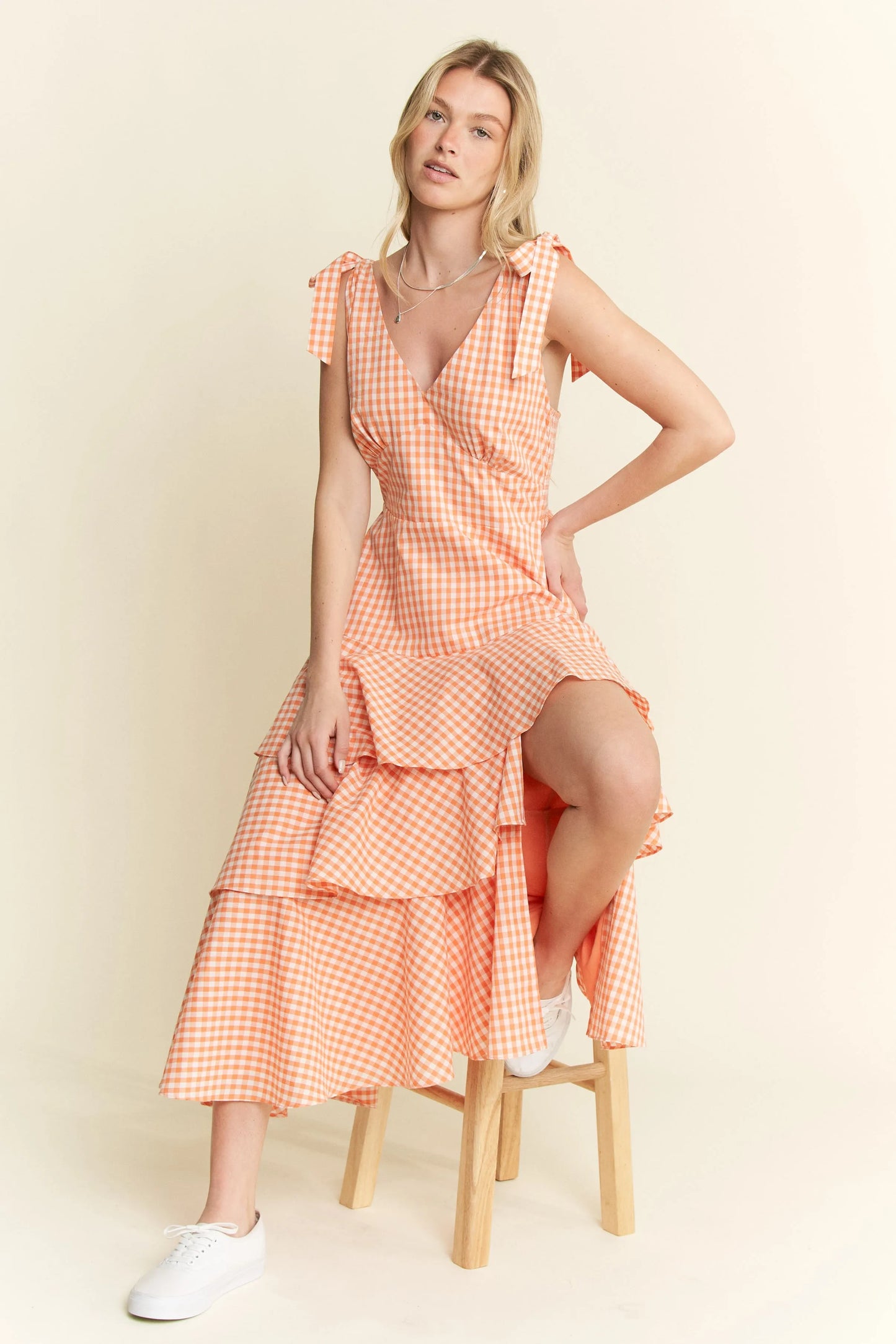 Sleeveless Gingham Print Tiered Midi Dress in Orange - product view 10