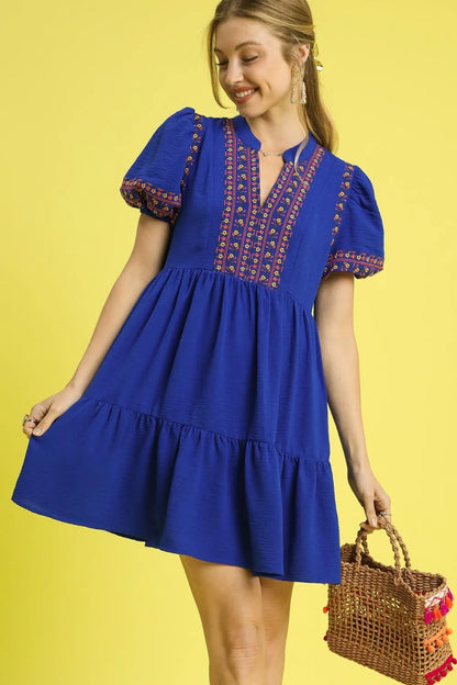 Floral Trim Puff Sleeve Mini Dress - Dark Blue - product view 1