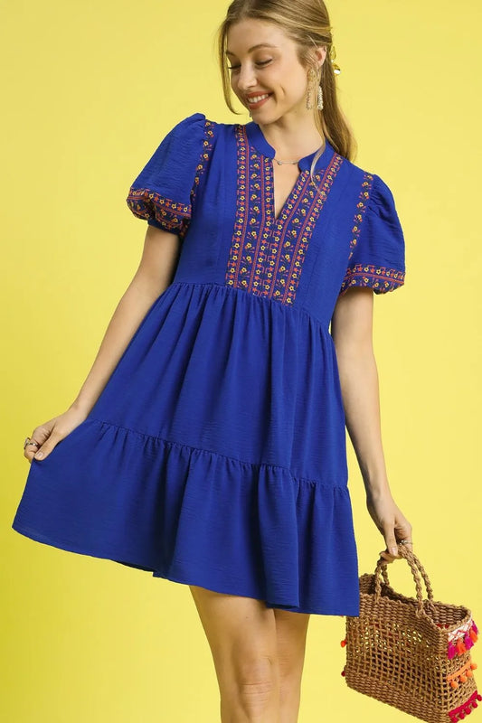 Floral Trim Puff Sleeve Mini Dress - Dark Blue - product view 1