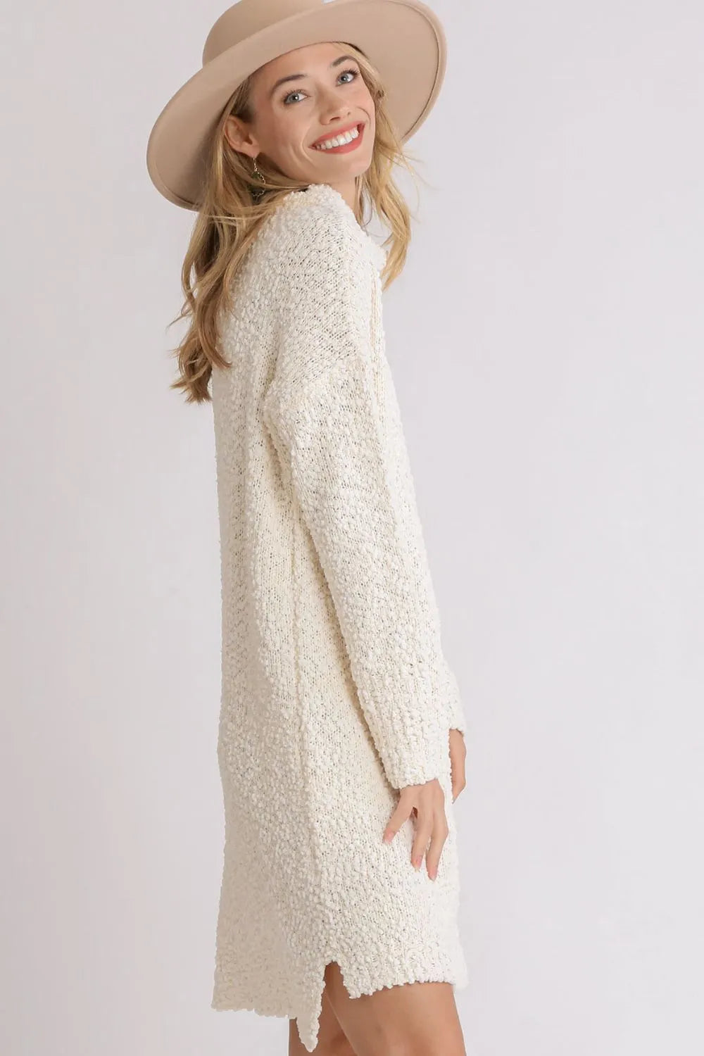 Full Size High Low Long Sleeve Boucle Sweater Dress Plus Size in Cream - product view 3