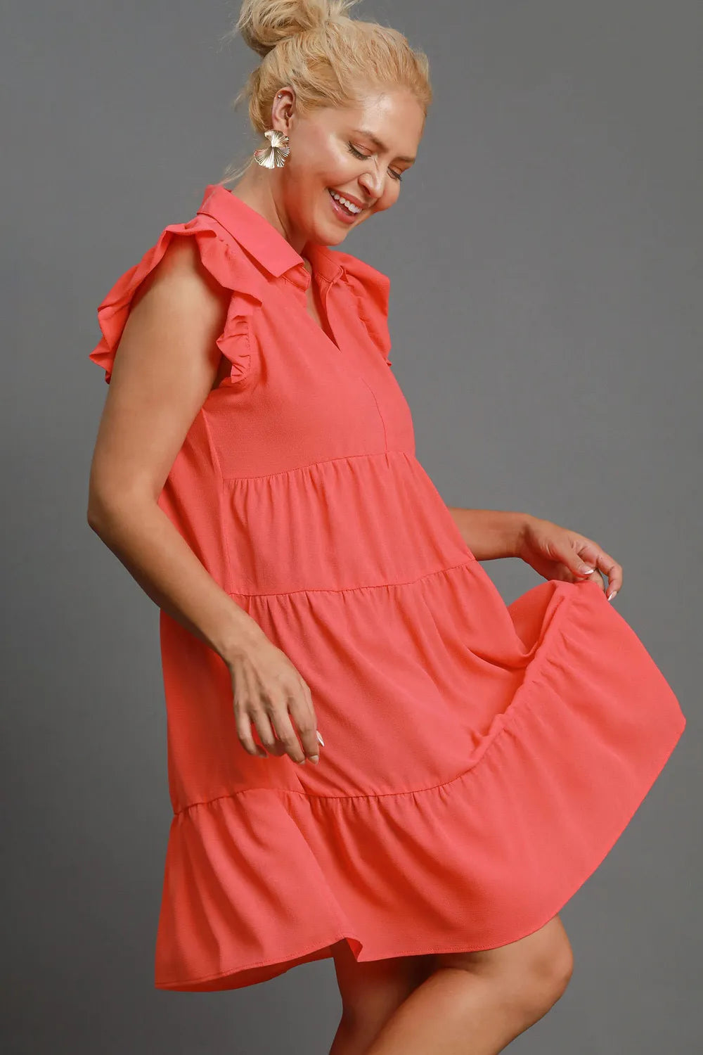Full Size Johnny Collar Ruffle Cap Sleeve Tiered Dress Plus Size - Strawberry - product view 6