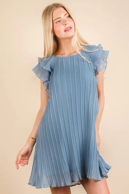 Plus Size Ruffle Sleeve Pleated Woven Mini Dress in Denim - product view 4