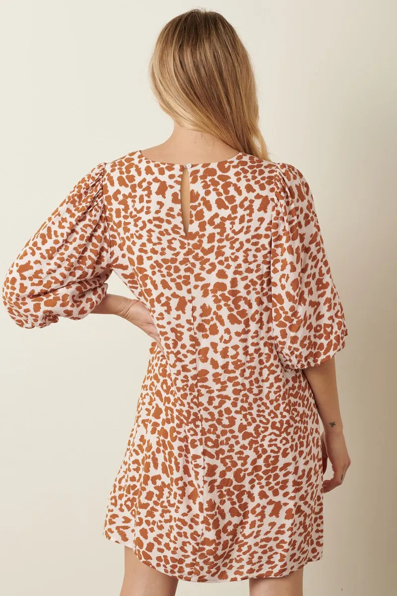 Animal Print Puff Sleeve Mini Dress - Mustard - product view 3