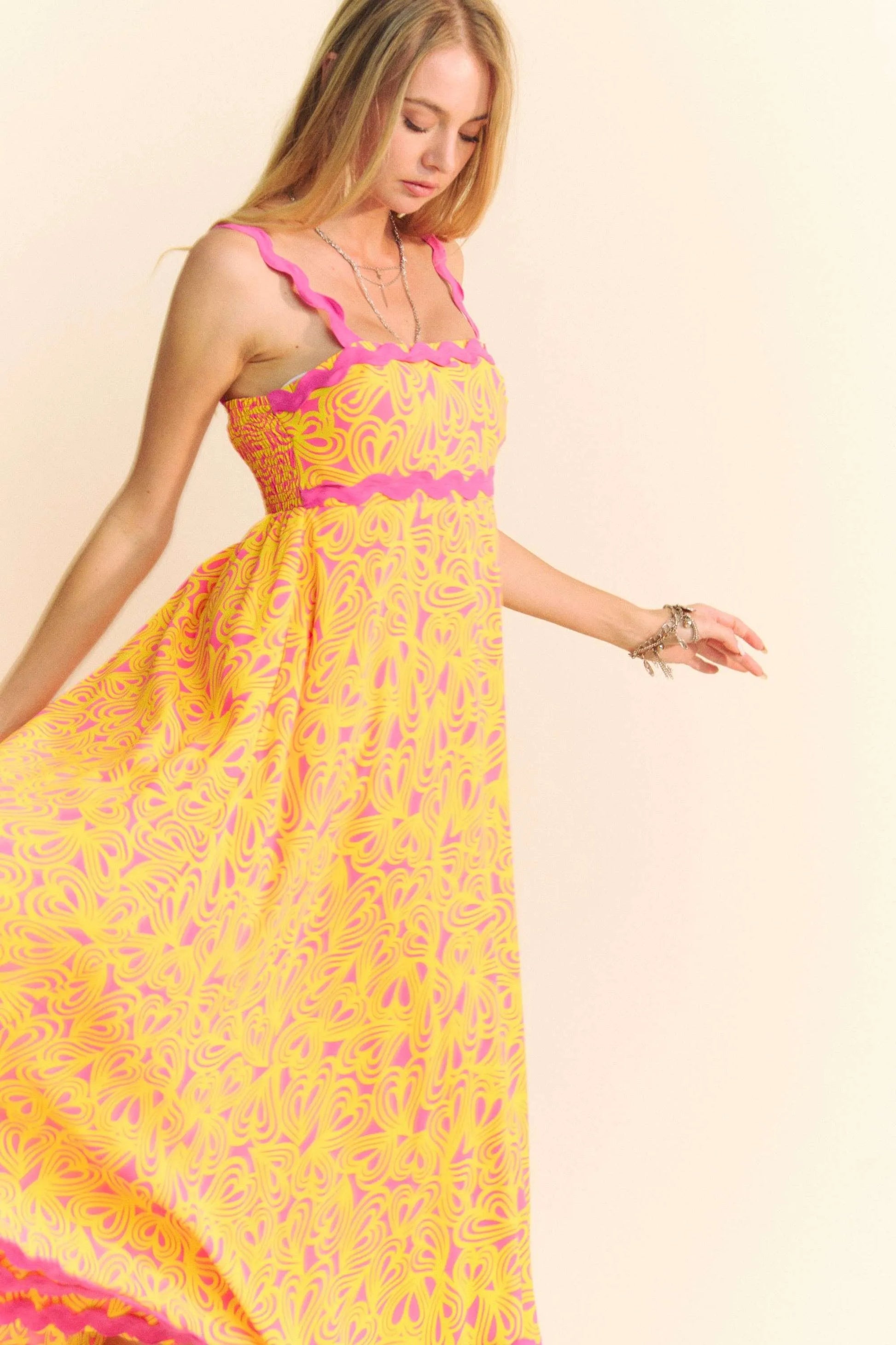 Geo 2 Tone Printed Wavi Trim Tiered Maxi Dress - Pink - product view 3