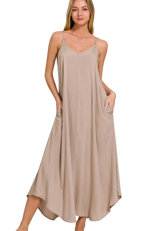 Woven Arc Hem Cami Dress With Flowy Pockets - Lt Mocha - product view 1