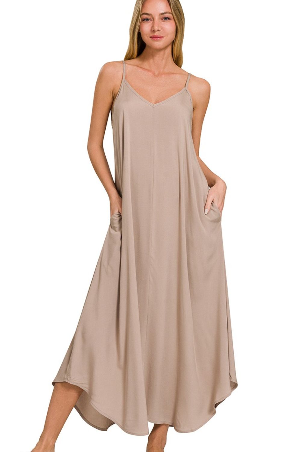 Woven Arc Hem Cami Dress With Flowy Pockets - Lt Mocha - product view 4