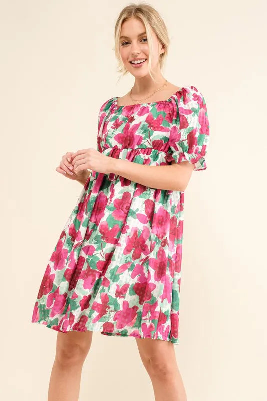 Smocked Floral Ruffle Short Sleeve Mini Dress in Fuchsia - product view 6