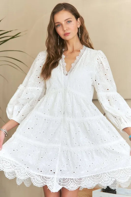 Lace Detail Tiered Eyelet V-Neck Babydoll Dress in White - product view 2