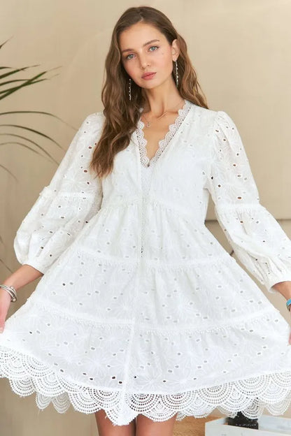 Lace Detail Tiered Eyelet V-Neck Babydoll Dress in White - product view 2