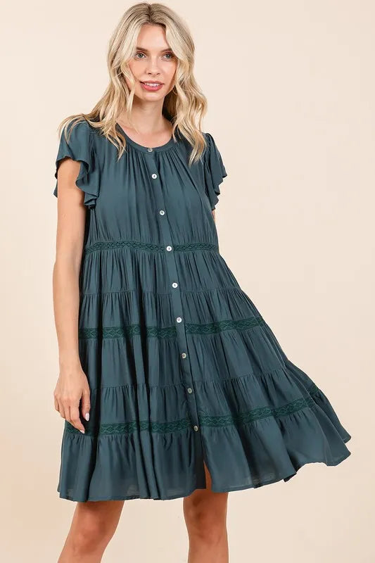 Lace Detail Ruffled Button Down Tiered Dress - Deep Teal - product view 2
