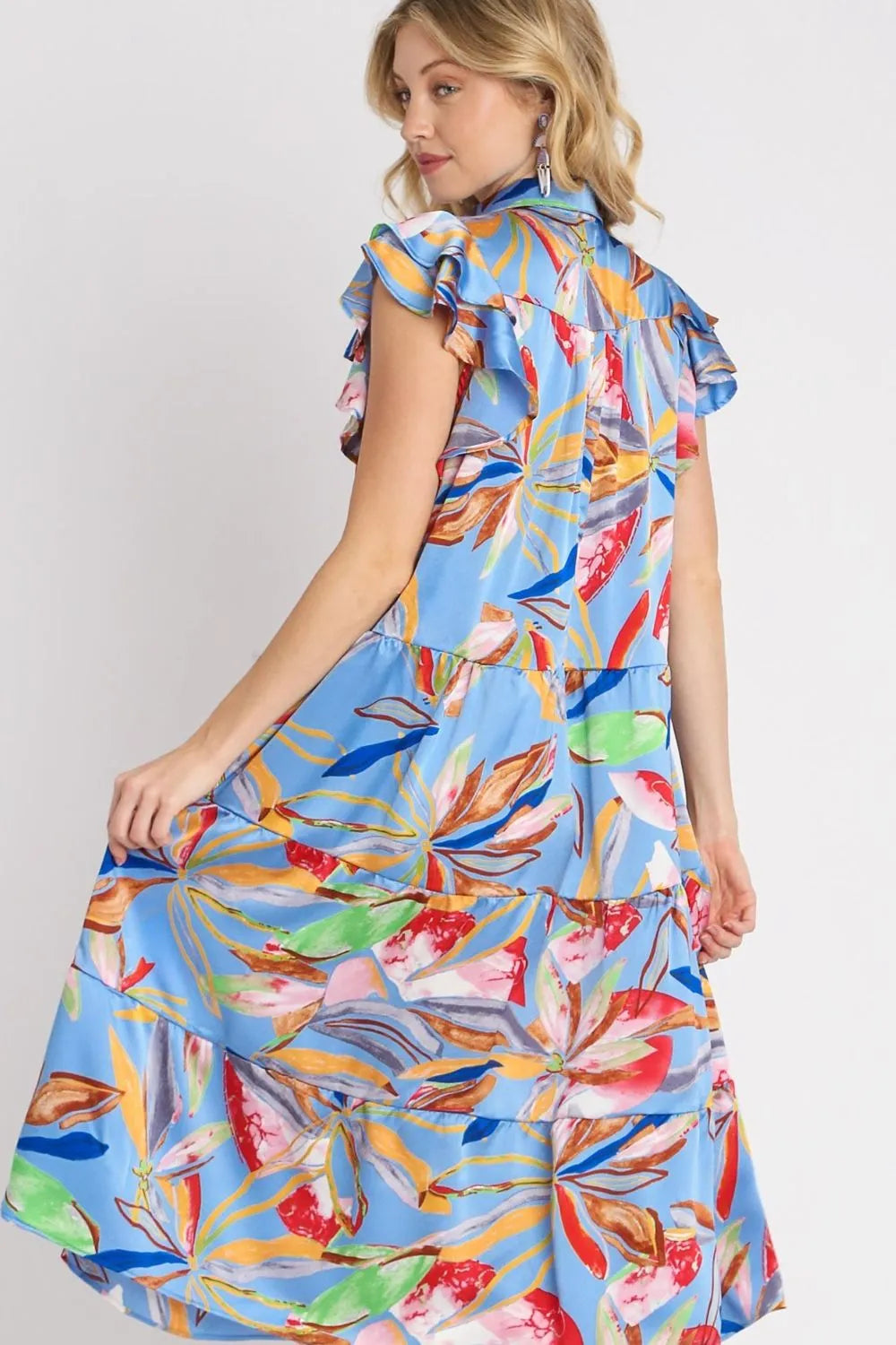 Full Size Leaf Print Double Layered Ruffle Sleeve Tiered Midi Dress Plus Size - Periwinklemix - product view 3