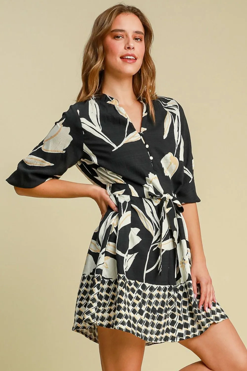 Full Size Floral Print Notched Tie Waist Mini Dress Plus Size in Black - product view 3