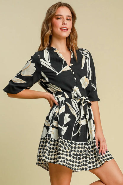 Full Size Floral Print Notched Tie Waist Mini Dress Plus Size in Black - product view 3