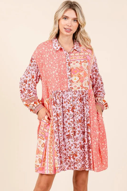 Floral Button Detail Long Sleeve Shirt Dress in Coral Pink - product view 3