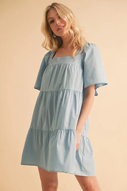 Square Neck Half Sleeve Tiered Dress - Light Blue - product view 4