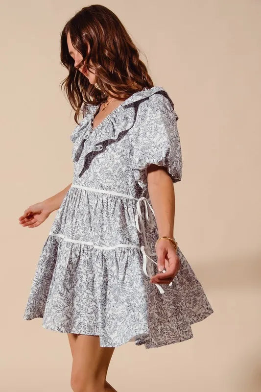 Cotton Printed Ruffle V Neckline Dress with Side Tie in Off White/Navy - product view 2