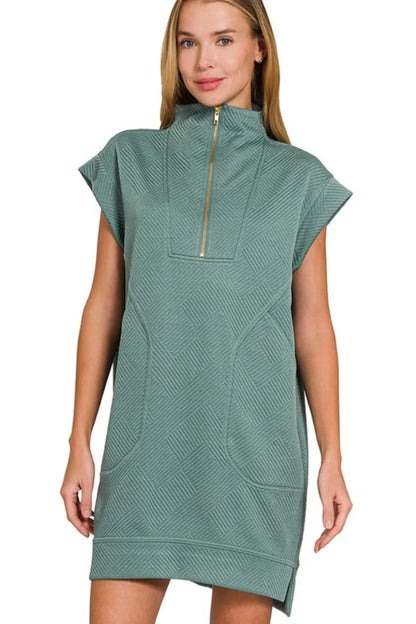 Textured Knit Jacquard Quarter Zipper Mini Dress - Ash Jade - product view 1