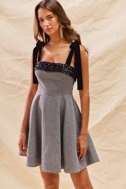 Houndstooth Fit Flare Mini Dress with Shoulder Tie in Black - product view 7