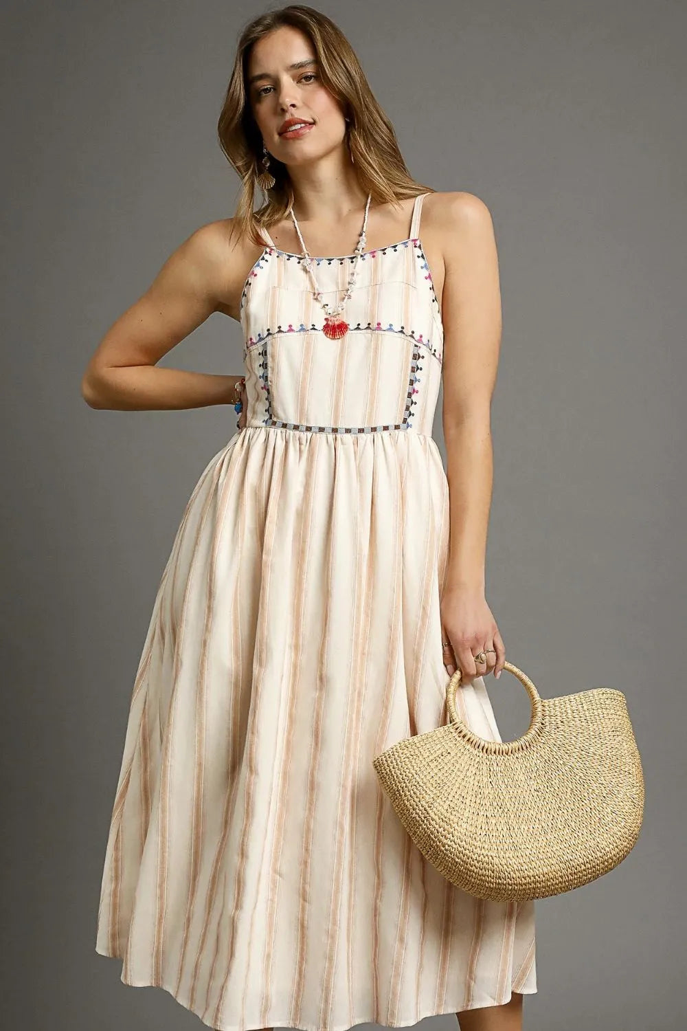 Striped Colorful Embroidered Trim Cami Dress - Tan - product view 2