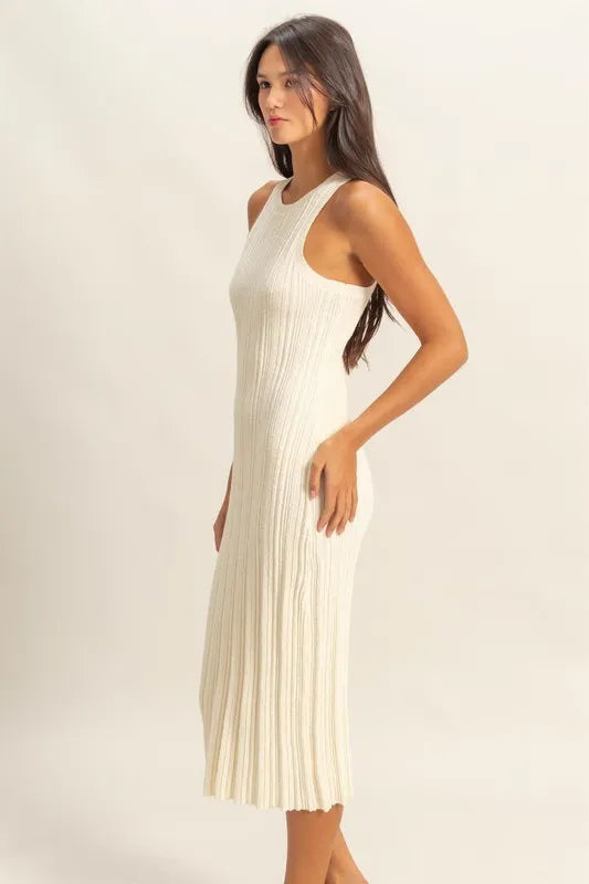 Round Neck Bodycon Ribbed Knit Dress - White - product view 2