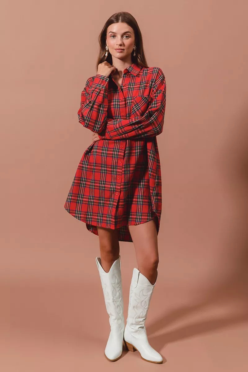 Christmas Checker Plaid Button Up Shirt Dress in Red Multi - product view 3