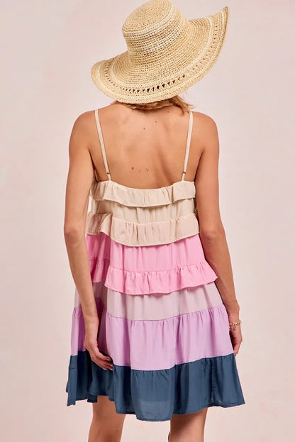 Color Blocked Tiered Dress - Cream/Pink/Lilc/Teal - product view 4