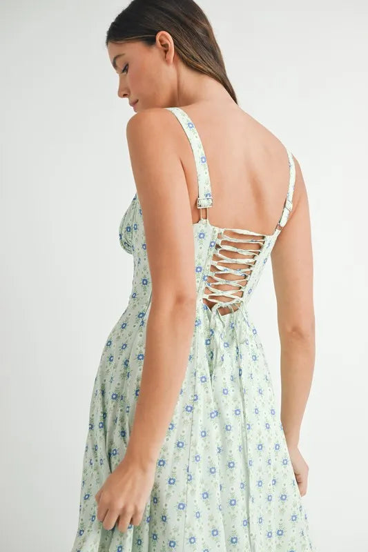 Floral Print Bustier Back Lace Up Midi Dress - Mint - product view 11