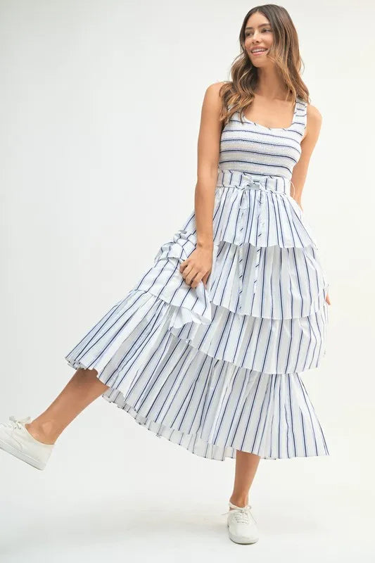 Pin Stripe Smocked Bodice Layered Midi Dress in Off White - product view 5