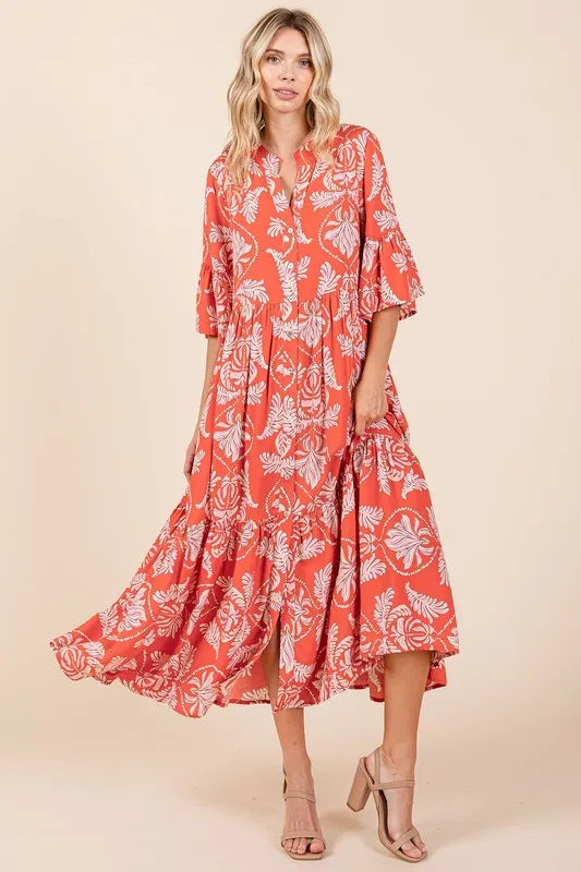 Abstract Leaf Print Tiered Ruffle Dress in Orange-Red - product view 1