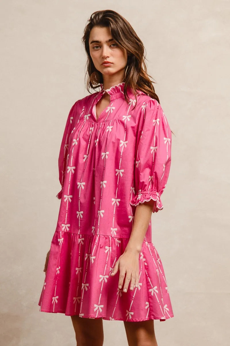 Ribbon Patterns With Scallops Edge Details Short Sleeve Dress in Fuchsia - product view 1