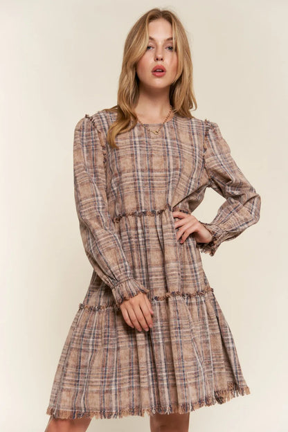 Full Size Washed Frayed Tiered Plaid Dress in Brown - product view 3