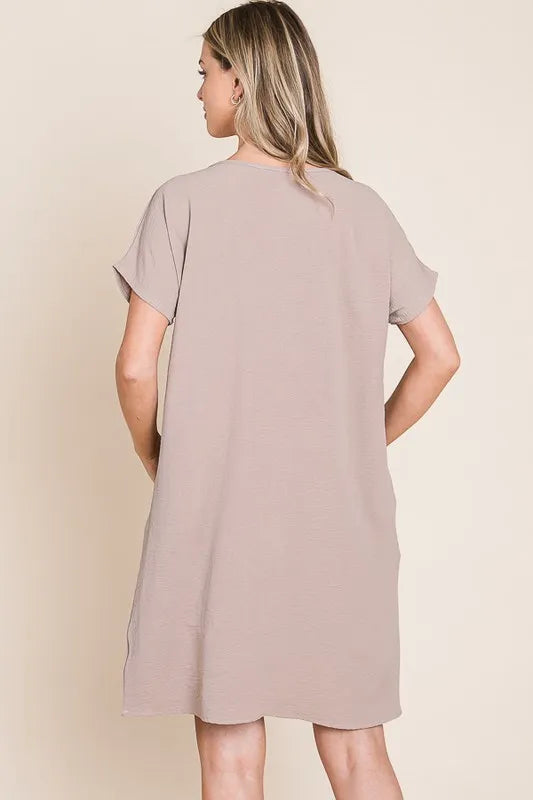 V-Neck Short Sleeve Dress with Pockets - Dust Storm - product view 3